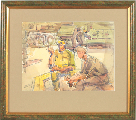 Неизвестный художник. На отдыхе около техники